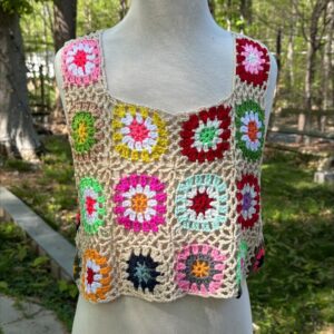 Tan Square Necked Granny Square Top